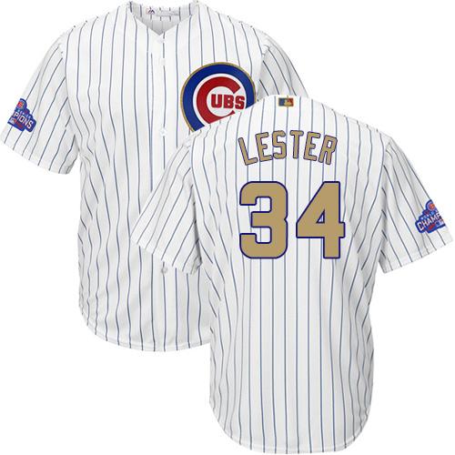 Cubs #34 Jon Lester White(Blue Strip) Gold Program Cool Base Stitched MLB Jersey